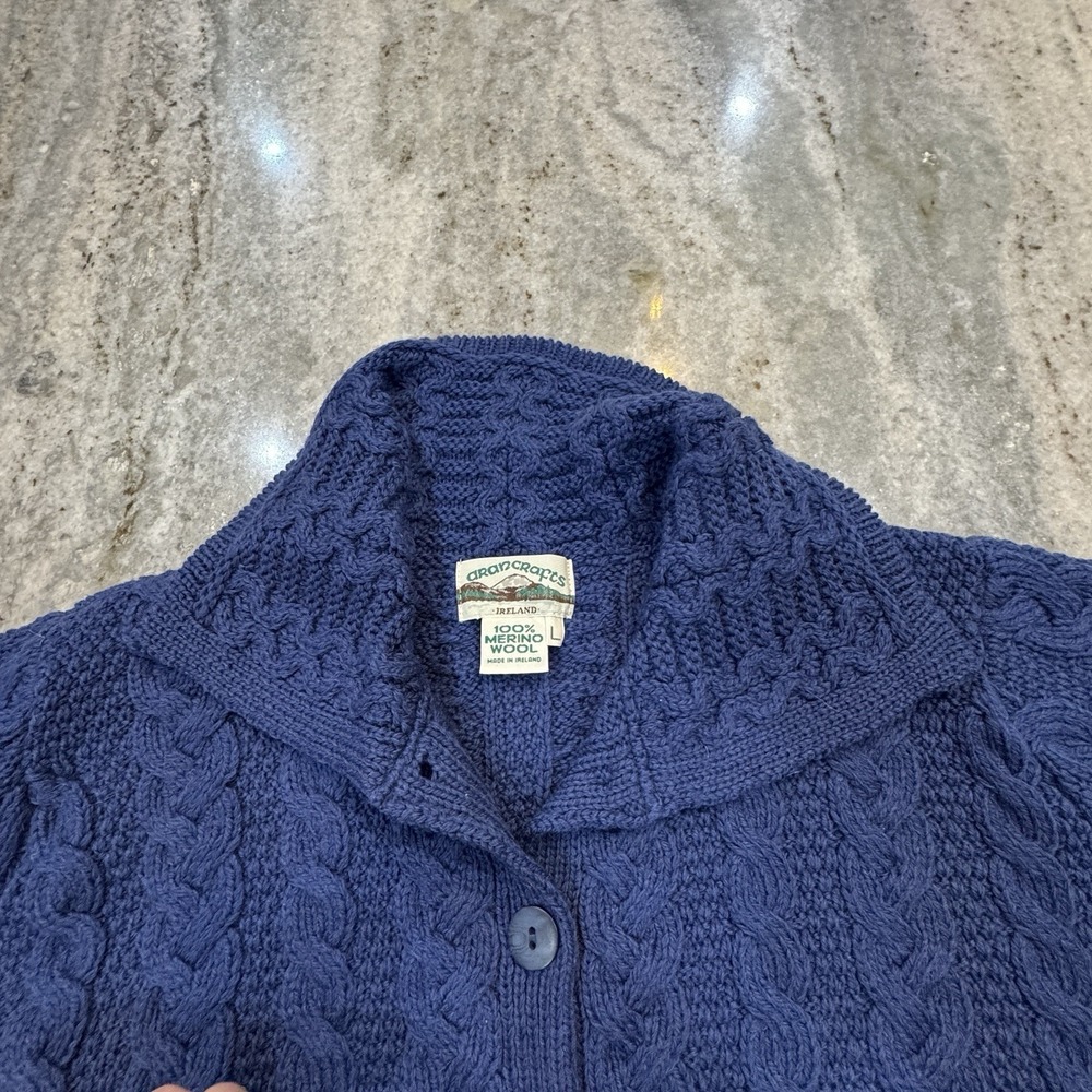 Vintage Aran Crafts Large 100% Merino Wool Cable Knit Sweater Ireland Blue - Picture 7 of 8